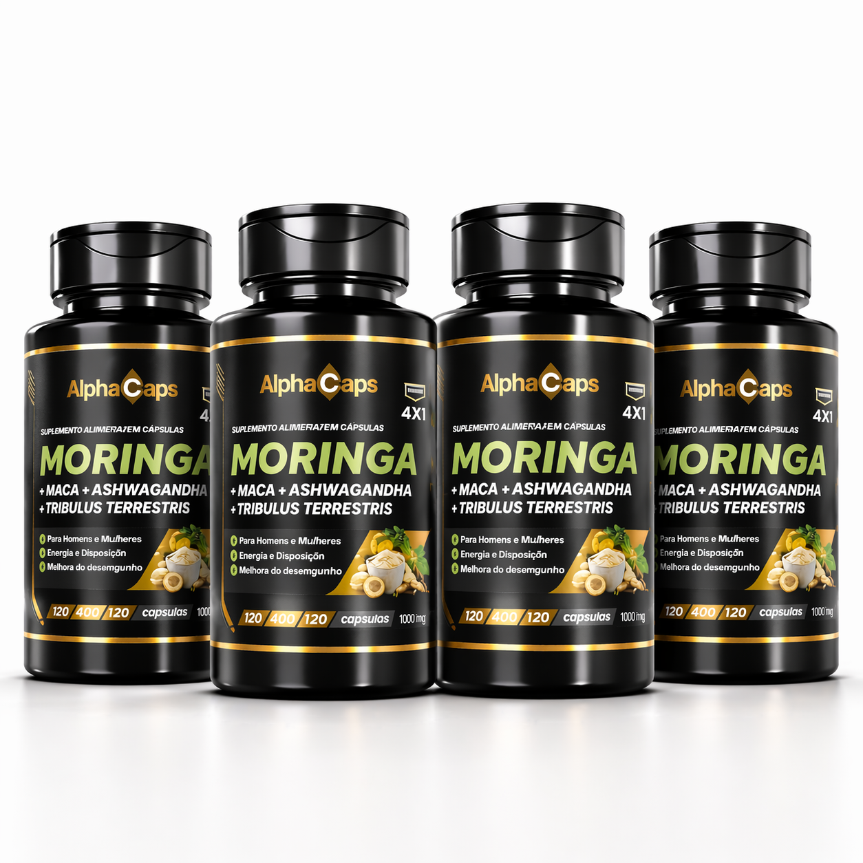 4 em 1 - Ashwagandha + Maca Negra + Moringa + Tribulus