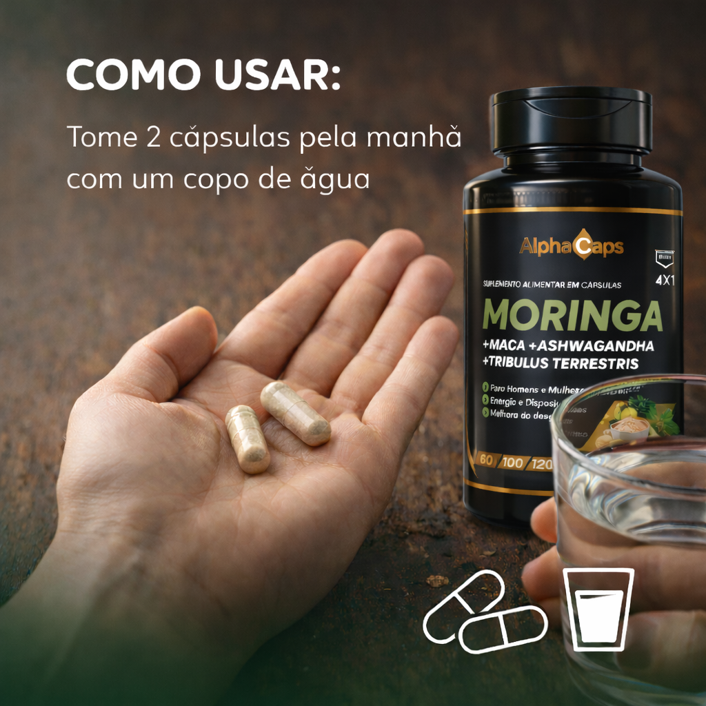 4 em 1 - Ashwagandha + Maca Negra + Moringa + Tribulus
