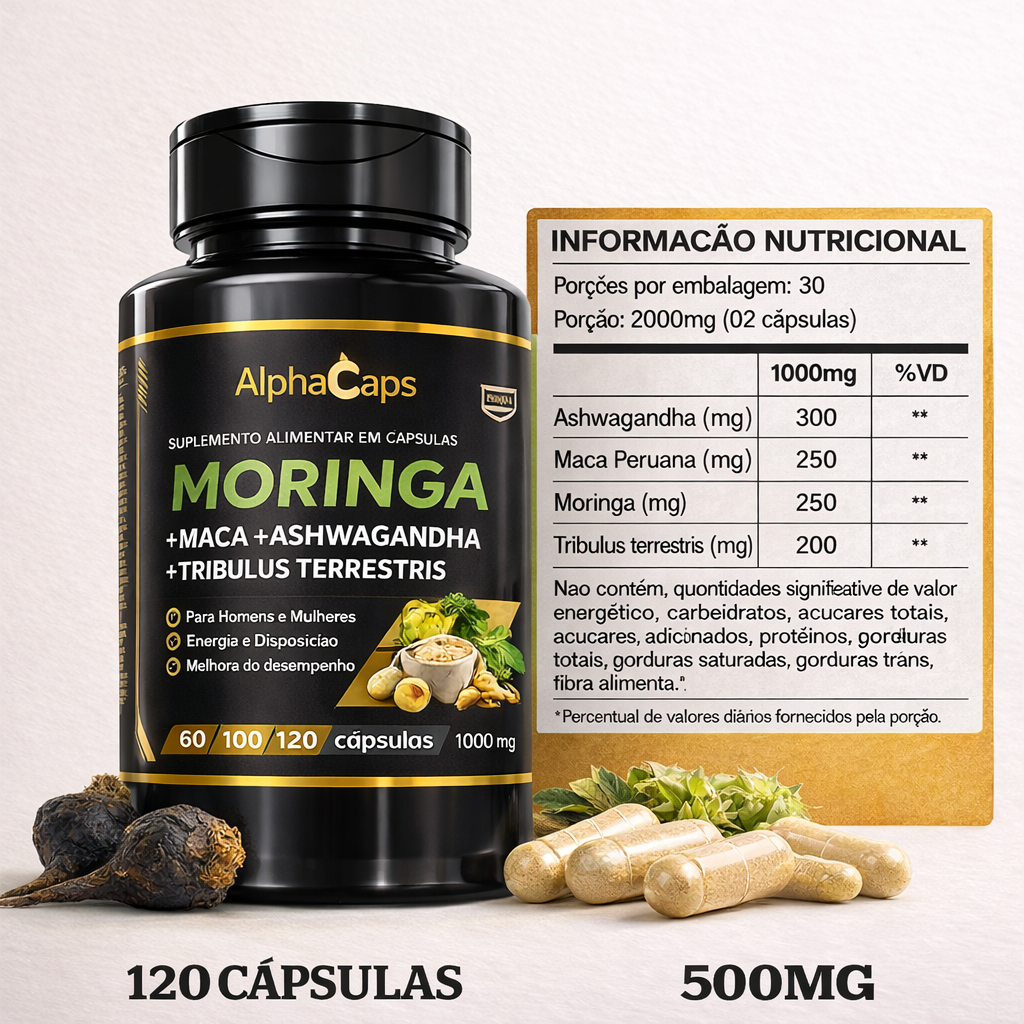 4 em 1 - Ashwagandha + Maca Negra + Moringa + Tribulus