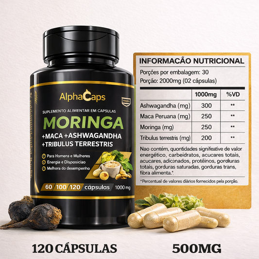 4 em 1 - Ashwagandha + Maca Negra + Moringa + Tribulus