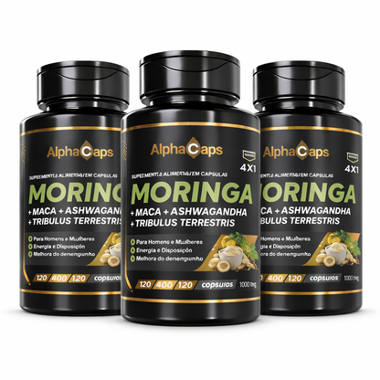 4 em 1 - Ashwagandha + Maca Negra + Moringa + Tribulus
